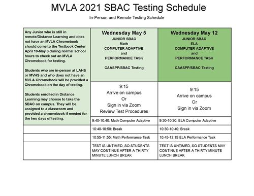 Chart with testing dates and times for 11th grade students